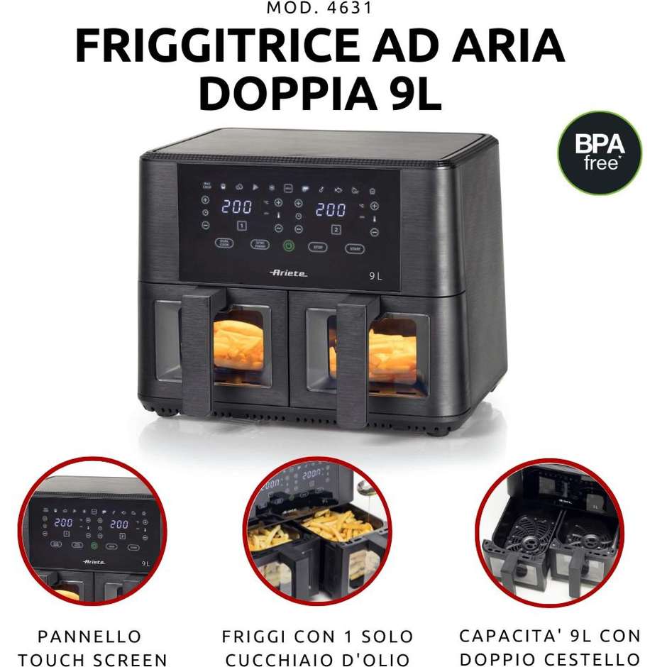 Ariete 4631 Friggitrice ad aria Capacita 4.5 Lt + 4.5 Lt Potenza 2400W 11 programmi Multifunzione Doppio cestello Colore Nero