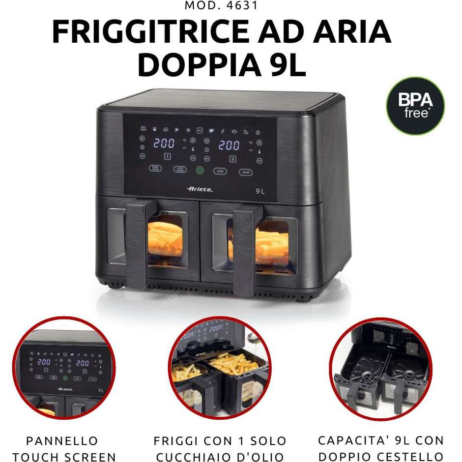 Ariete 4631 Friggitrice ad aria doppia 9 L, 2.400 W, 11 programmi, nera