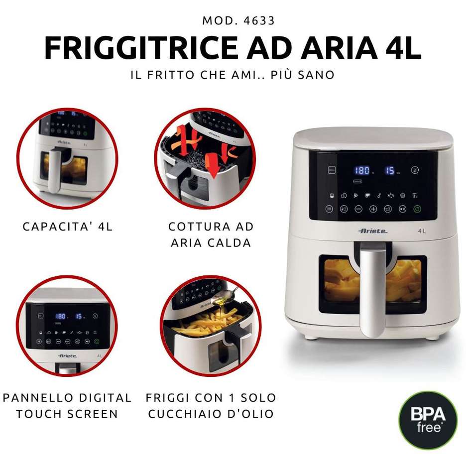 Ariete 4633 Friggitrice ad aria Capacita 4 Lt Potenza 1400 W 9 programmi Colore Bianco