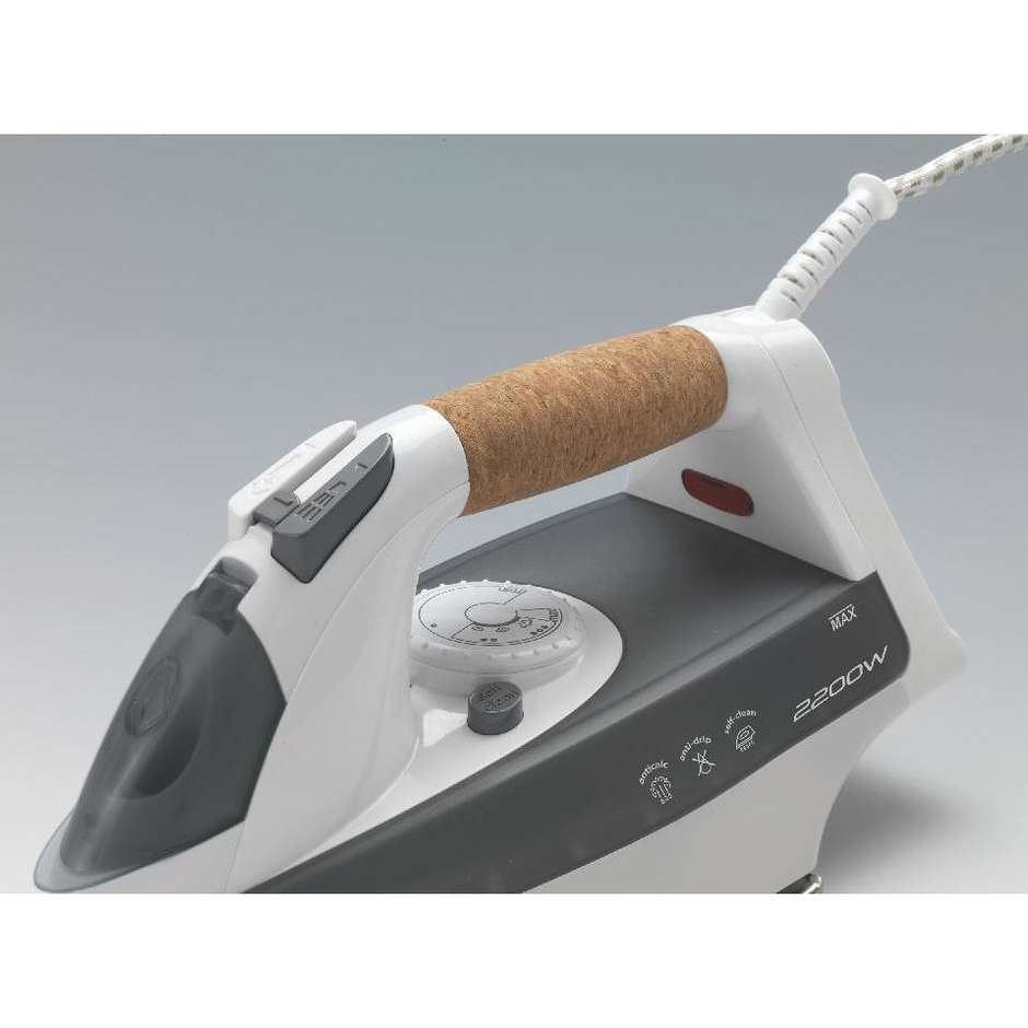 Ariete 6232 Steam Iron Ferro da Stiro a Vapore Manico in Sughero Piastra Inox 2200 W Bianco e Grigio