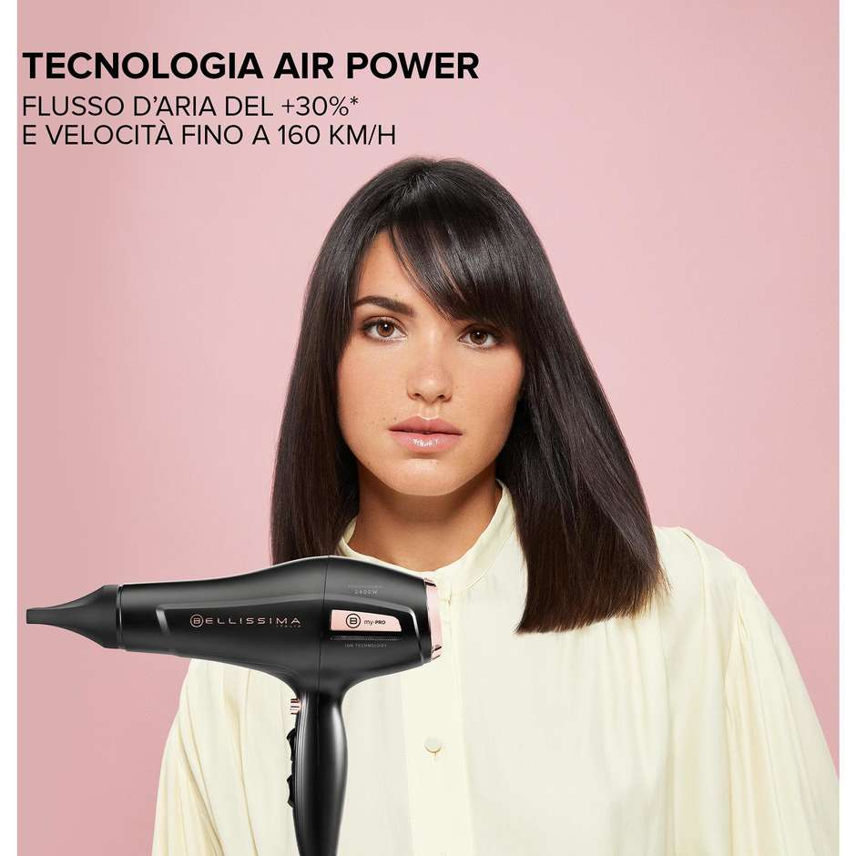 Asciugacapelli 2400W AC Ionico Ceramica Nero con Diffusore e Concentratore
