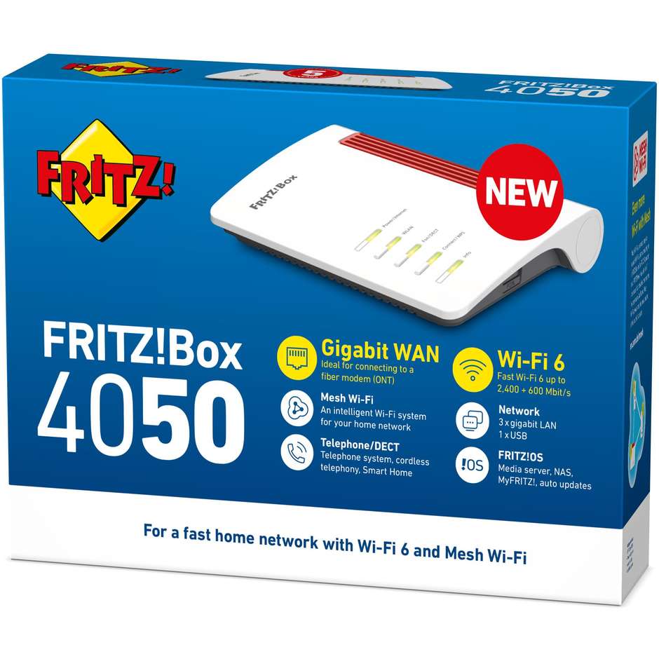 AVM FRITZ!Box 4050 International Router Wi-Fi 6 Dual-Band fino a 3000Mbps con Base DECT Porta Gigabit WAN e LAN - Bianco
