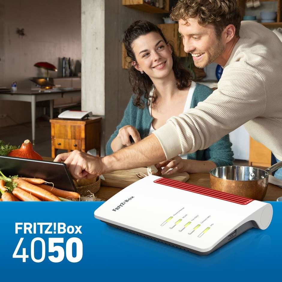 AVM FRITZ!Box 4050 International Router Wi-Fi 6 Dual-Band fino a 3000Mbps con Base DECT Porta Gigabit WAN e LAN - Bianco
