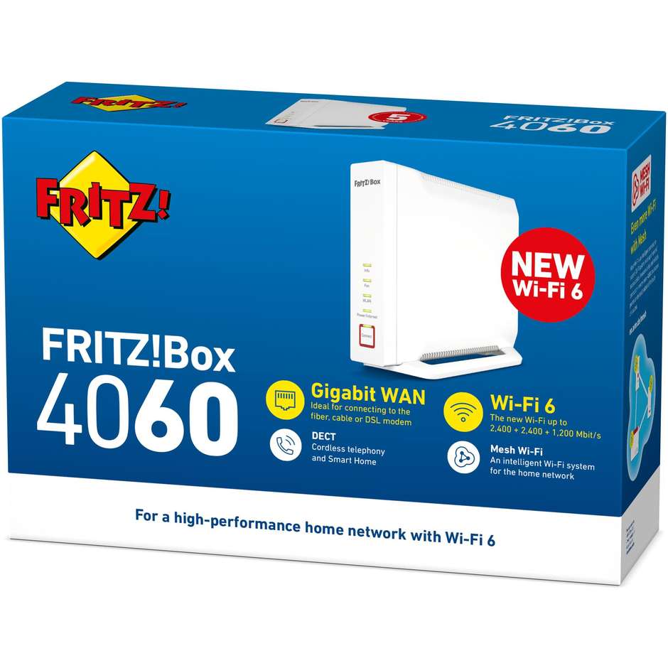 AVM FRITZ!Box 4060 International Router Tri-Band Wi-Fi 6 AX6000 con Porta 2.5 GbE Base DECT e Mesh - Bianco