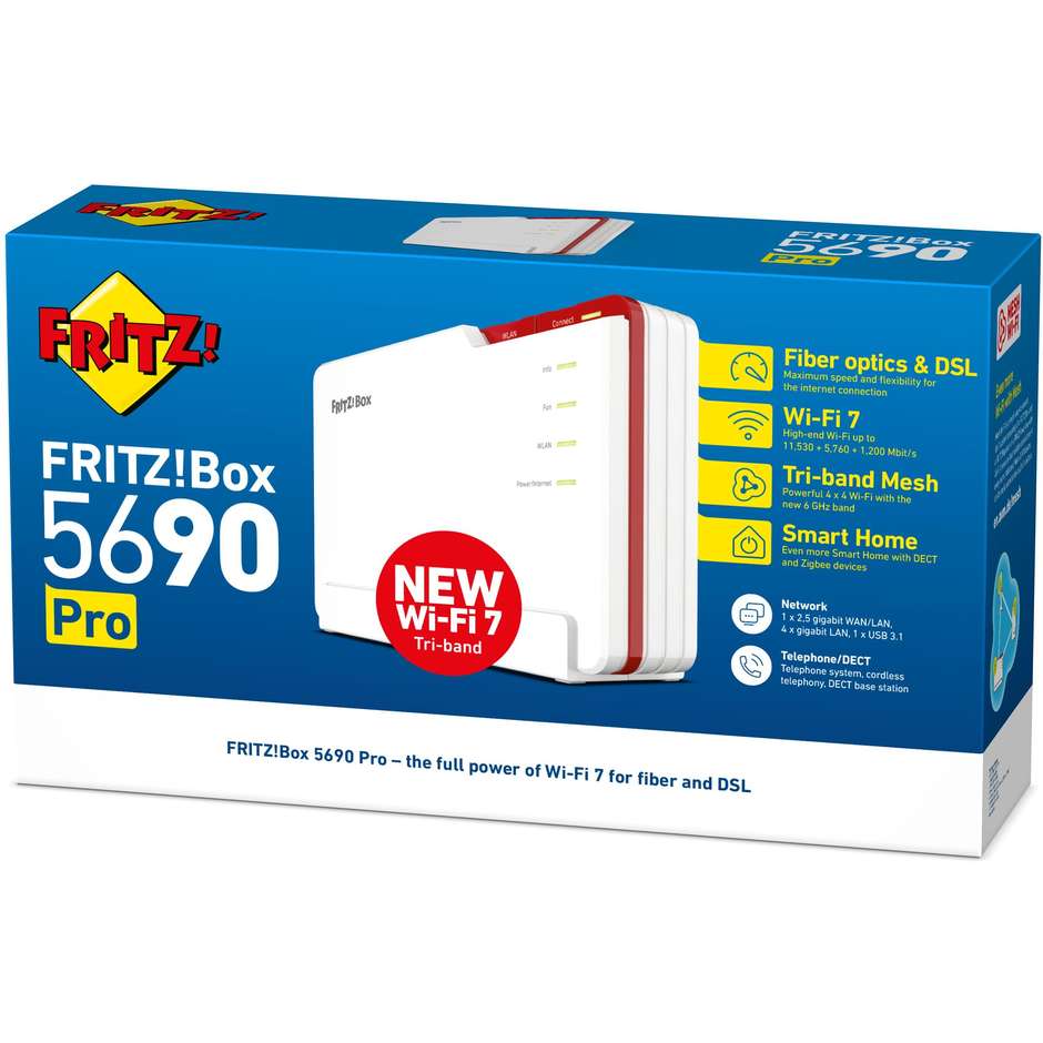 AVM FRITZ!Box 5690 Pro International Modem Router Tri-Band Wi-Fi 7 fino a 18500Mbps per Fibra e DSL Porta 2.5 GbE Zigbee e DECT - Bianco