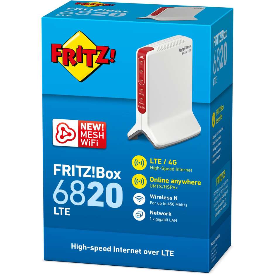 AVM FRITZ!Box 6820 LTE Router 4G e 3G Portatile con Wi-Fi N 450Mbps e Porta Gigabit LAN - Bianco/Rosso