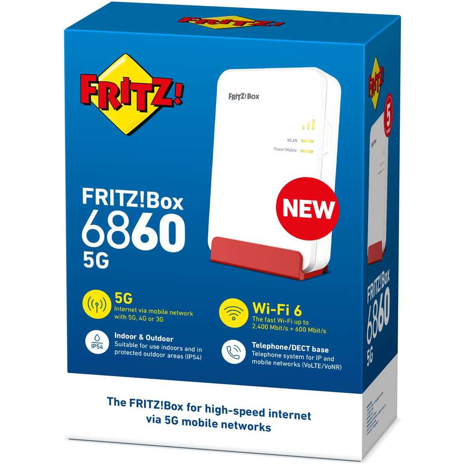 AVM FRITZ!Box 6860 5G International Router 5G/4G con Wi-Fi 6 AX3000 Porta Gigabit PoE e Base DECT - Bianco