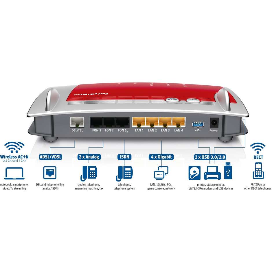 AVM FRITZ!Box 7490 Modem Router Wireless AC 450,1300 Mbit/s USB 3.0 Porte LAN colore Argento,Rosso