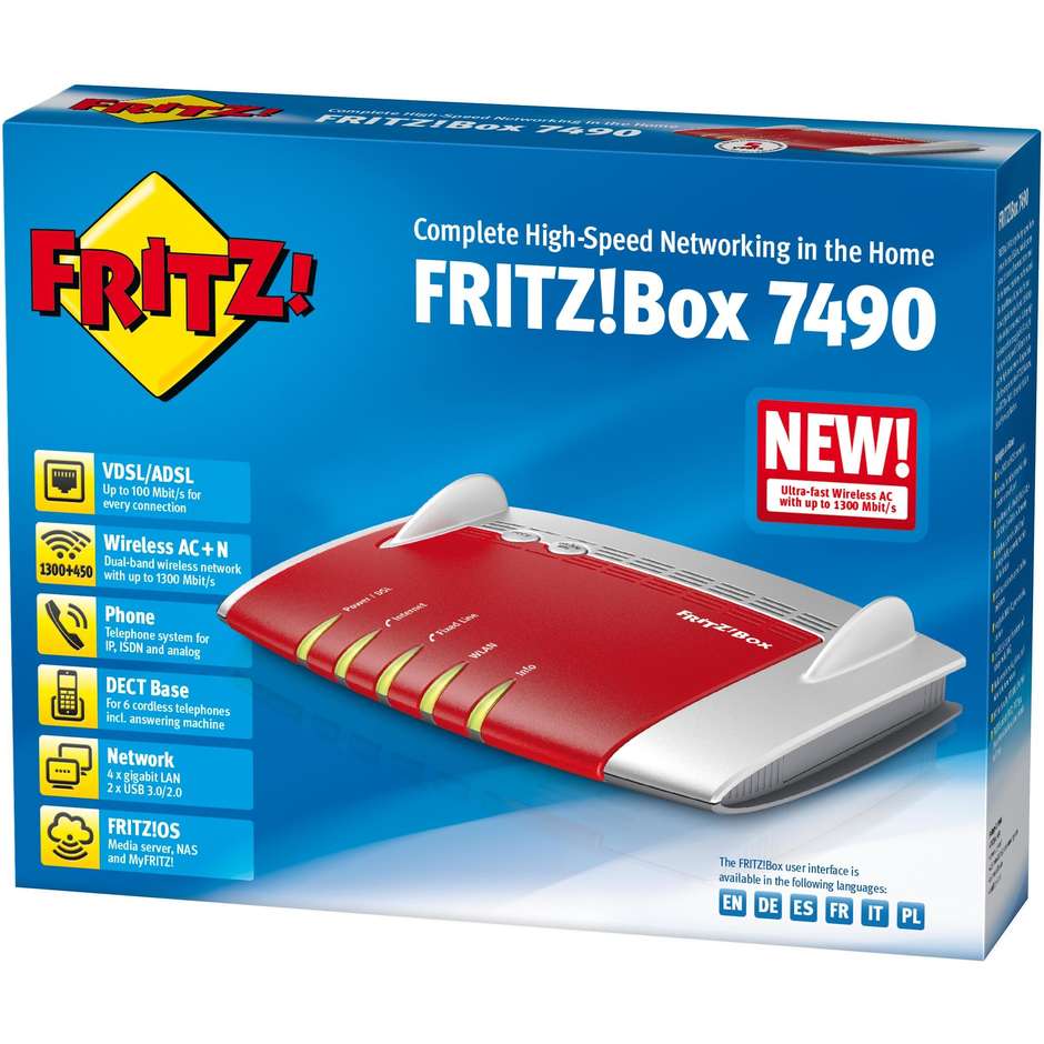 AVM FRITZ!Box 7490 Modem Router Wireless AC 450,1300 Mbit/s USB 3.0 Porte LAN colore Argento,Rosso