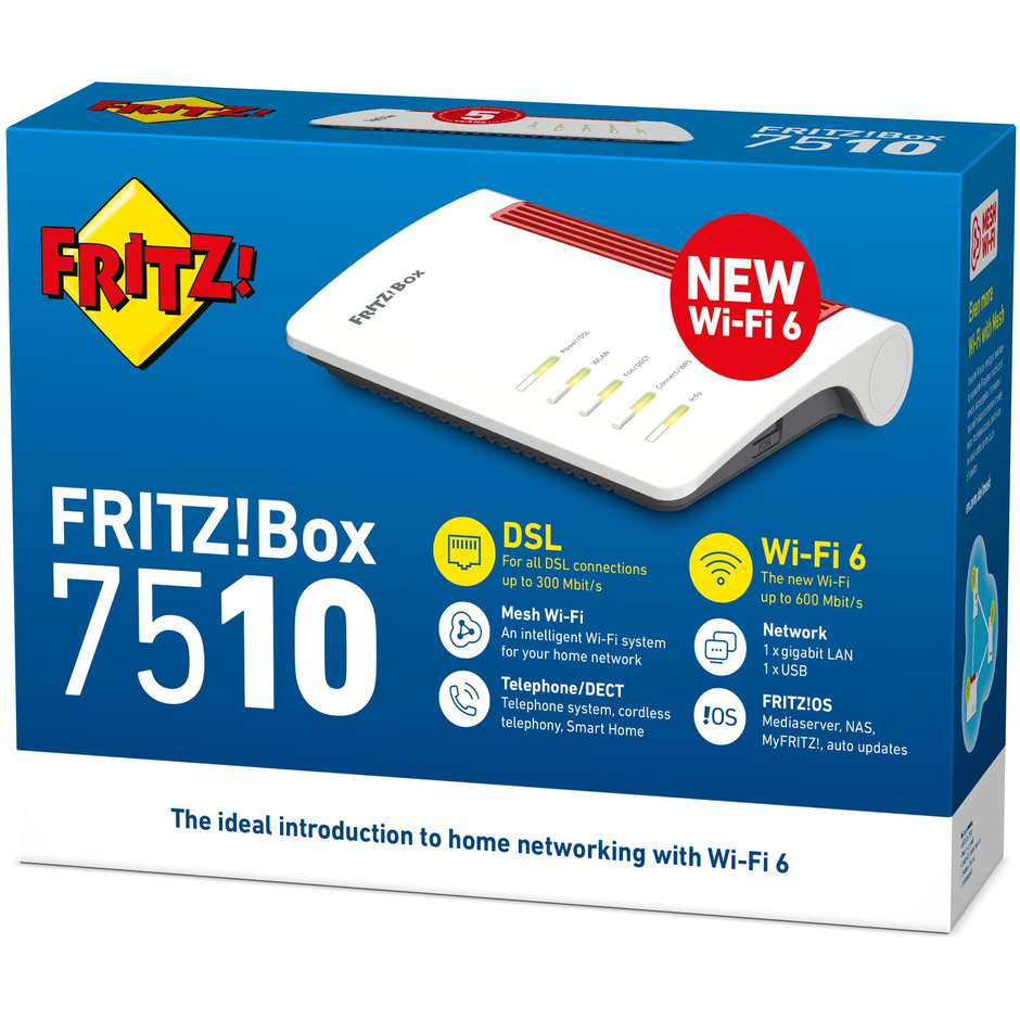 AVM FRITZ!Box 7510 Modem Router VDSL Supervectoring 35b Wi-Fi 6 AX600 con Base DECT Porta Gigabit LAN e USB - Bianco