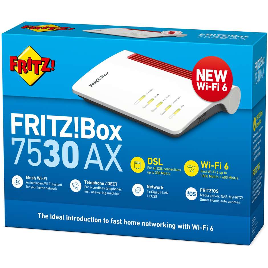 AVM FRITZ!Box 7530 AX Modem Router VDSL Supervectoring 35b Wi-Fi 6 AX2400 con 4 Porte Gigabit LAN Centralino DECT e USB - Bianco/Rosso