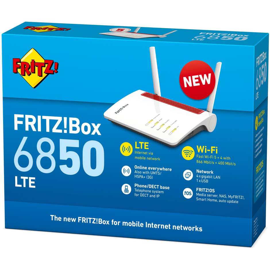 AVM Fritz BOX6850LTE Modem 4G Dual Band 4 porte LAN colore bianco e rosso