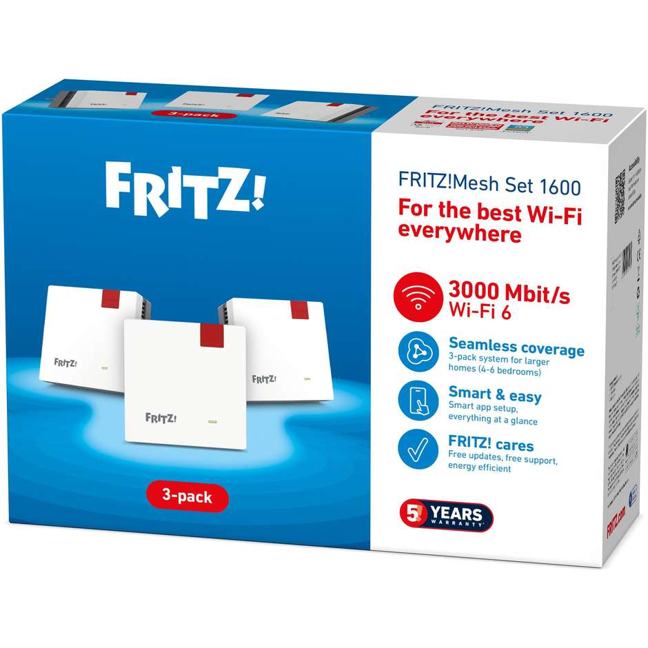 AVM Fritz FRITZMESH SET 1600 3 Pack edition international Dual-band (2,4 GHz / 5 GHz) Wi-Fi 6 Colore Rosso, Bianco Interno