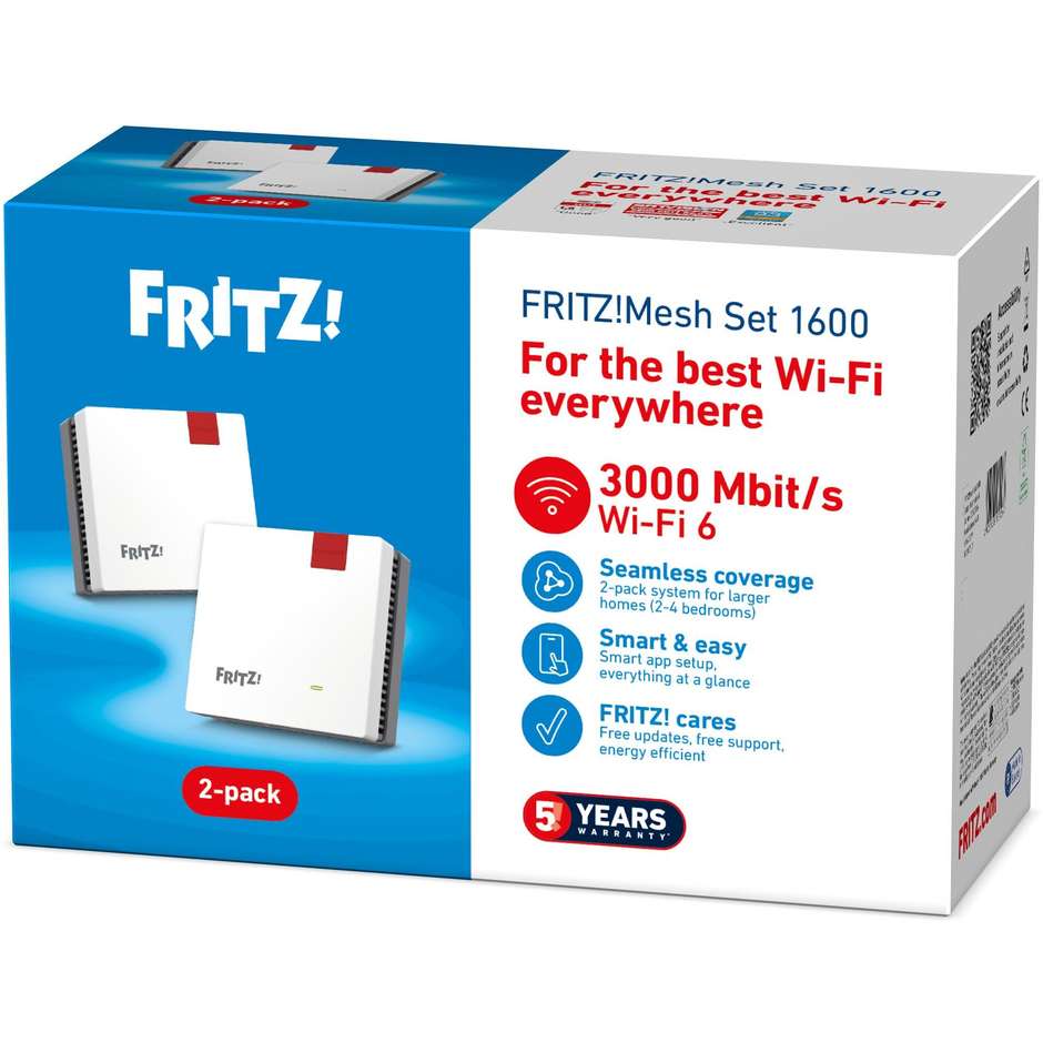 AVM FRITZ! Mesh Set 1600 (2-Pack) Sistema Wi-Fi 6 Dual Band fino a 3000Mbps con WPA3 e Roaming Intelligente - Bianco