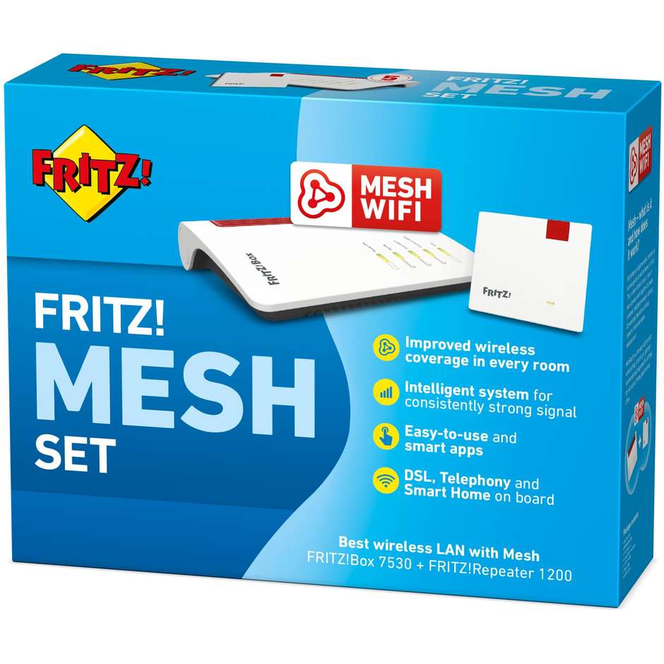 AVM FRITZ! Mesh Set con Modem Router FRITZ!Box 7530 VDSL Supervectoring e FRITZ!Repeater 1200 Wi-Fi AC+N Mesh - Bianco