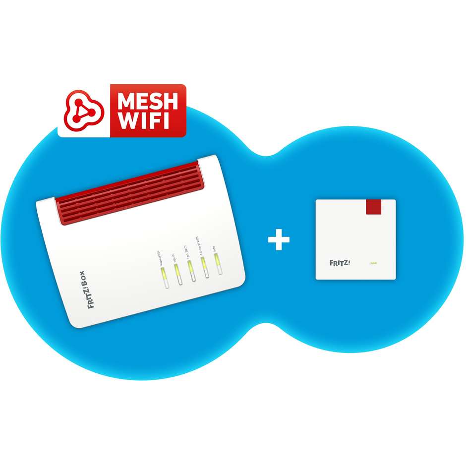 AVM FRITZ! Mesh Set Modem Router FRITZ!Box 7530 con Ripetitore Wi-Fi FRITZ!Repeater 1200 AC+N Mesh Bianco