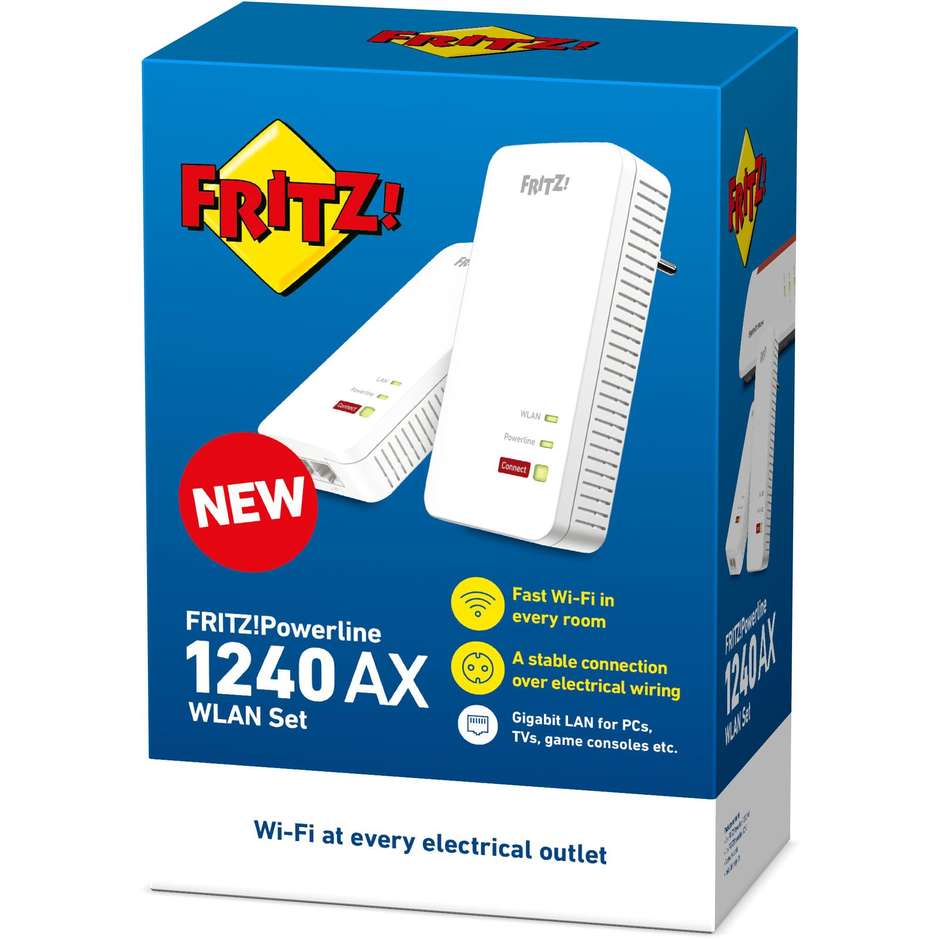 AVM FRITZ!Powerline 1240 AX WLAN Set Kit 2 Pezzi Powerline 1200Mbps con Wi-Fi 6 AX e 2 Porte Gigabit LAN - Bianco