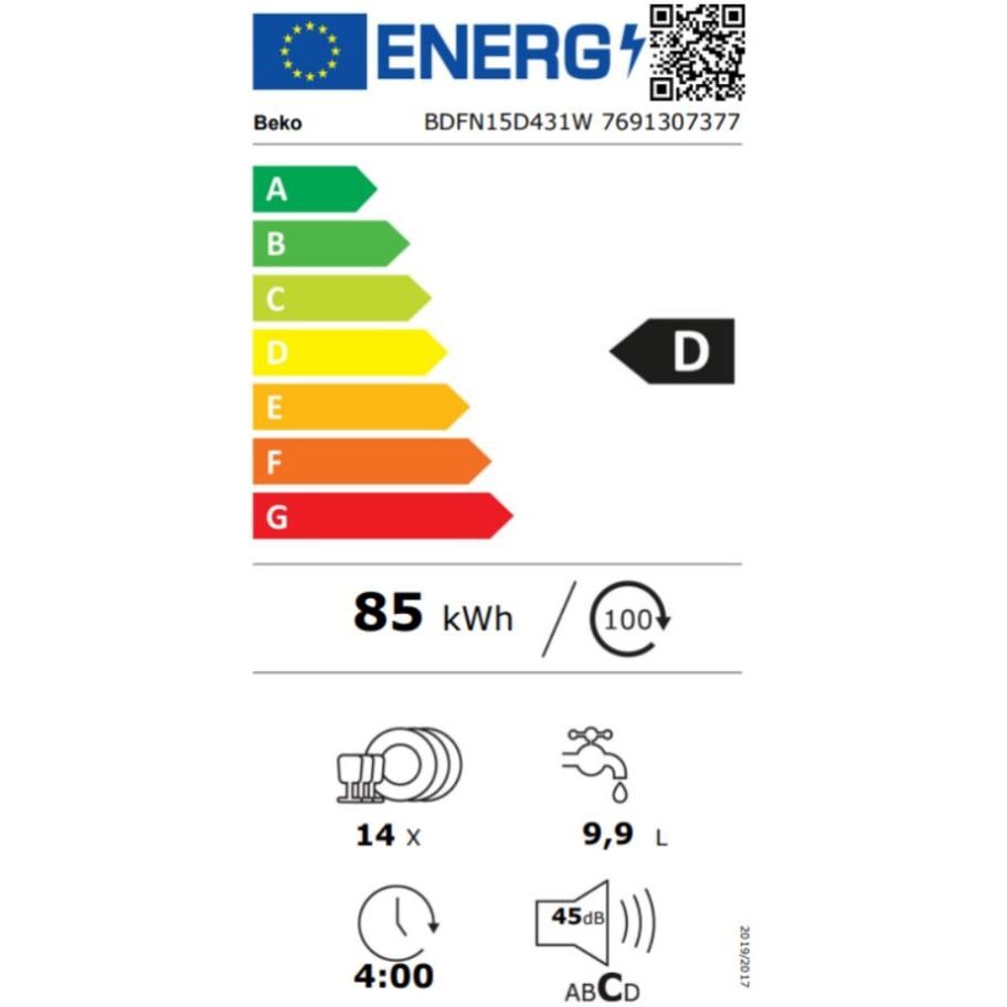 Beko BDFN15D431W Lavastoviglie 60 cm Libera Installazione 14 Coperti 45 dB Motore Inverter ProSmart HygieneIntense Classe D Bianco