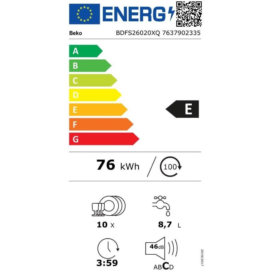 Beko BDFS26020X Lavastoviglie Slim 45 cm Libera Installazione 10 Coperti Motore Inverter ProSmart Classe E Inox