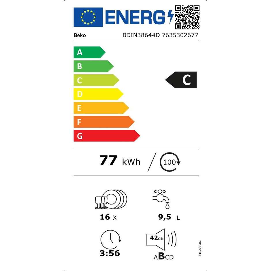 BEKO BDIN38644D Lavastoviglie da Incasso a Scomparsa Totale 60 cm Standard 16 Coperti 8 Programmi Classe C 42 dB Cestelli Modulari