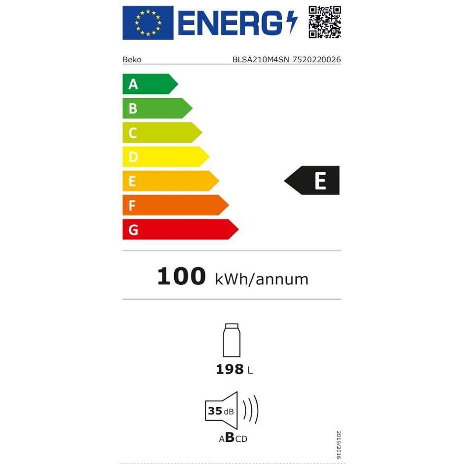 Beko BLSA210M4SN Frigorifero Monoporta da Incasso 122 cm 198 Litri Sbrinamento Automatico Frigo Classe E Bianco