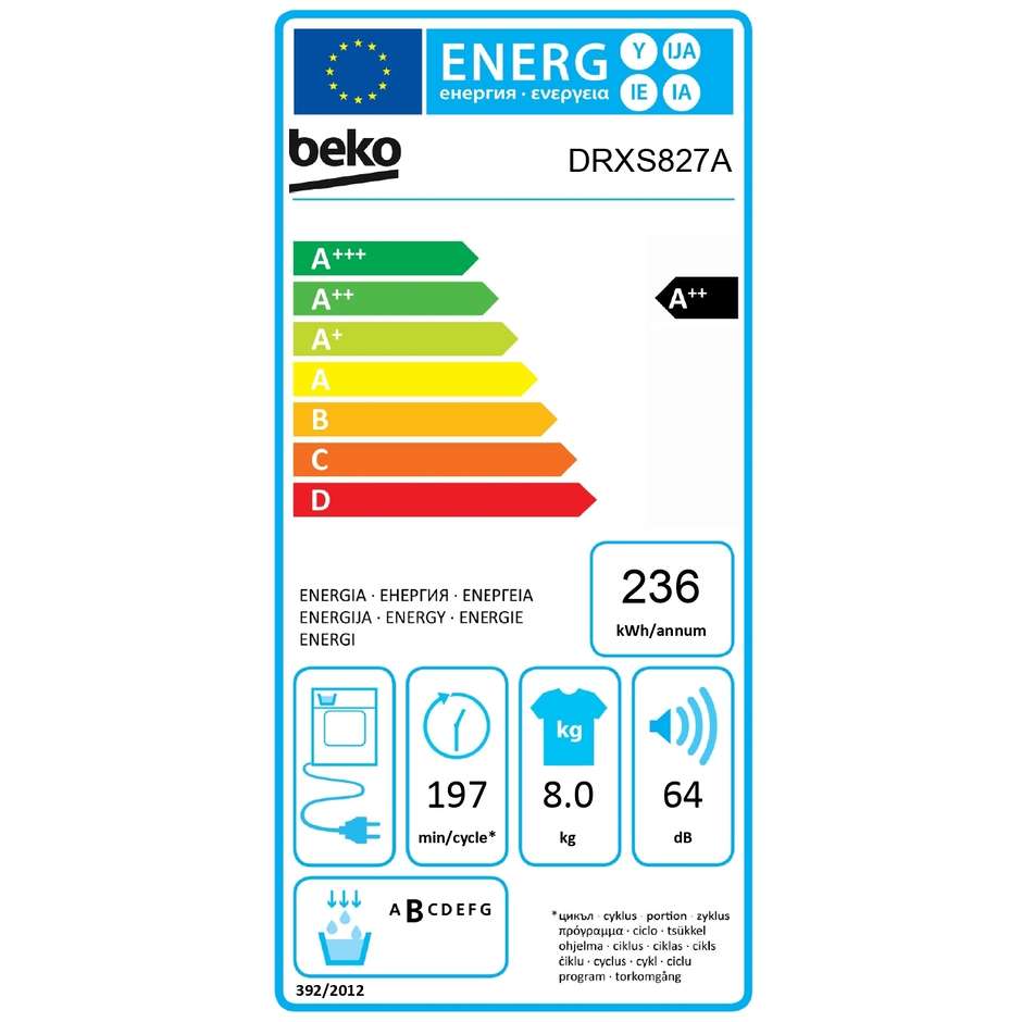 Beko DRXS827A Asciugatrice Slim a Pompa di Calore Capacità 8 Kg Classe A++ colore bianco