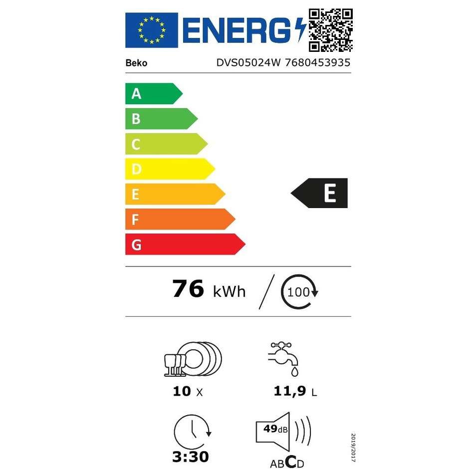 Beko DVS05024W Lavastoviglie Slim 45 cm Libera Installazione 10 Coperti 49 dB Quick&Shine 58 Minuti Mezzo Carico Classe E Bianco