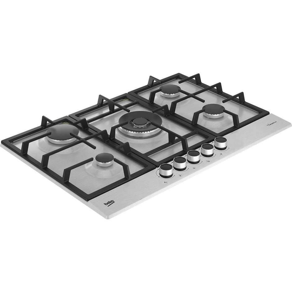 Beko HIAW75225S Piano Cottura a Gas 75 cm 5 Fuochi con Bruciatore Wok High Efficiency 3300W Silver Incasso 60 cm