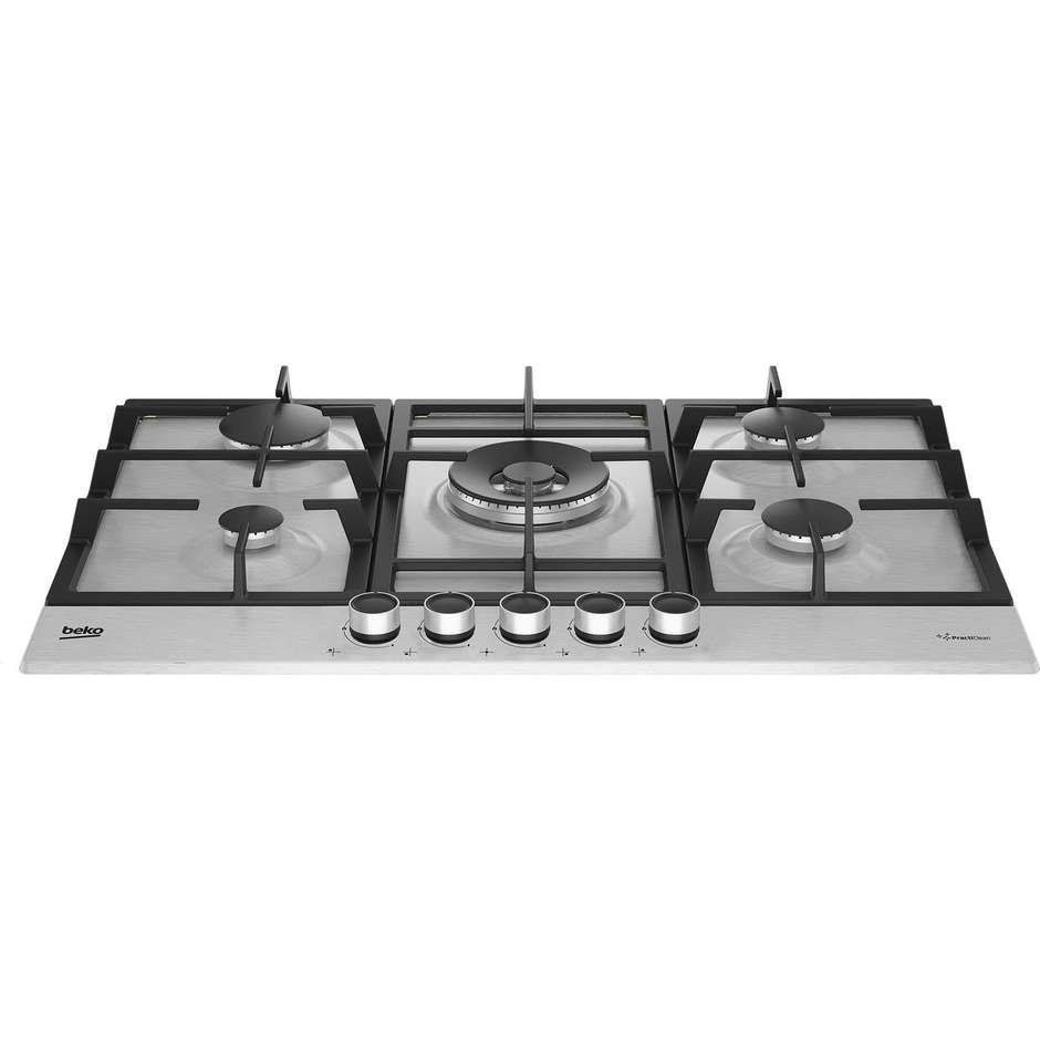 Beko HIAW75225S Piano Cottura a Gas 75 cm 5 Fuochi con Bruciatore Wok High Efficiency 3300W Silver Incasso 60 cm