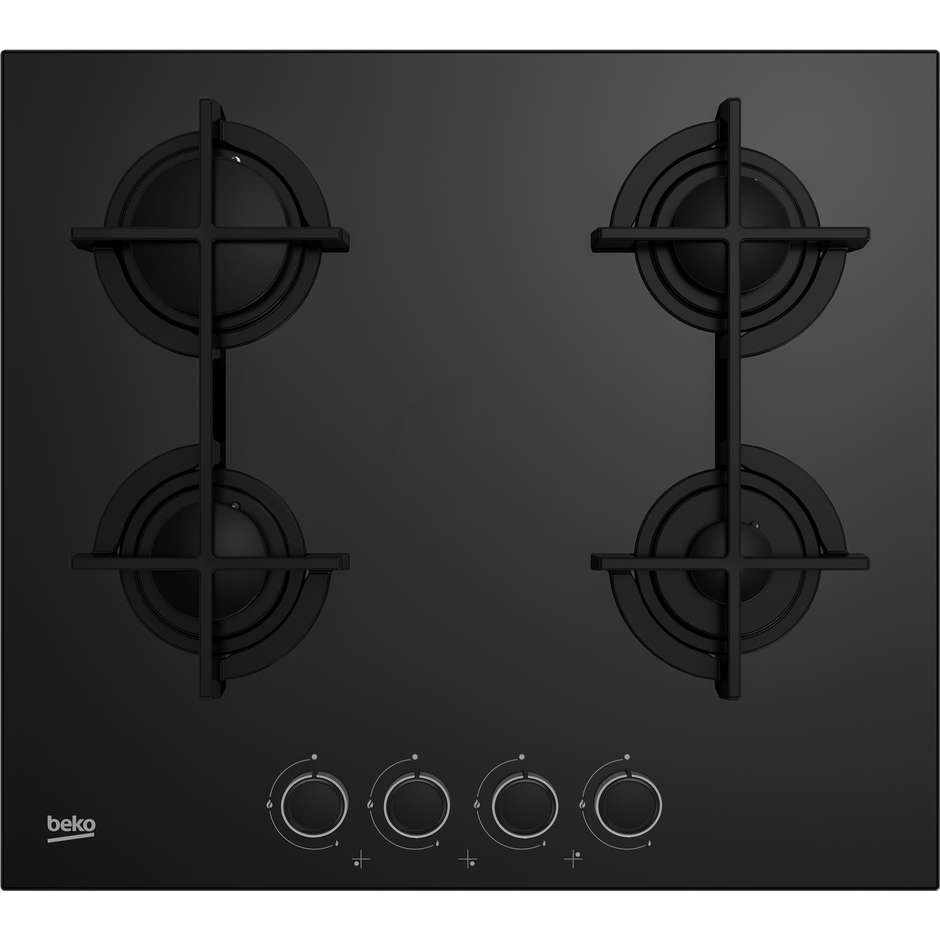 Beko HILG64225SB piano a gas 60 cm, 4 bruciatori, vetro nero e griglie ghisa