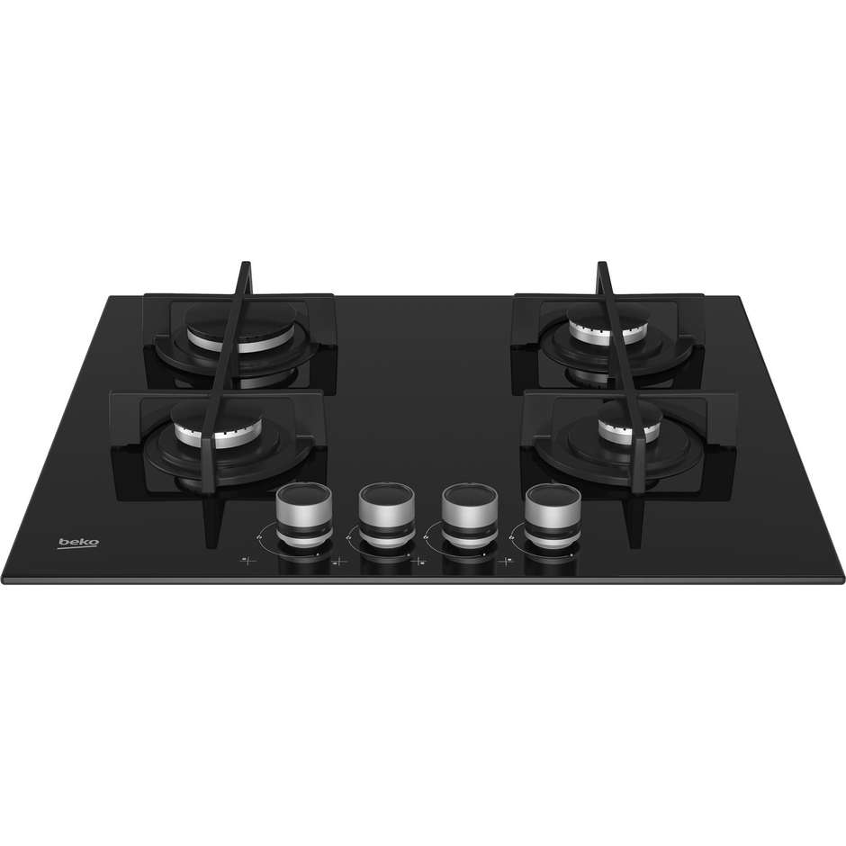 Beko HILG64225SB Piano Cottura a Gas su Cristallo 60 cm con Bruciatore Wok High Efficiency 3300W Vetro Nero Griglie Ghisa