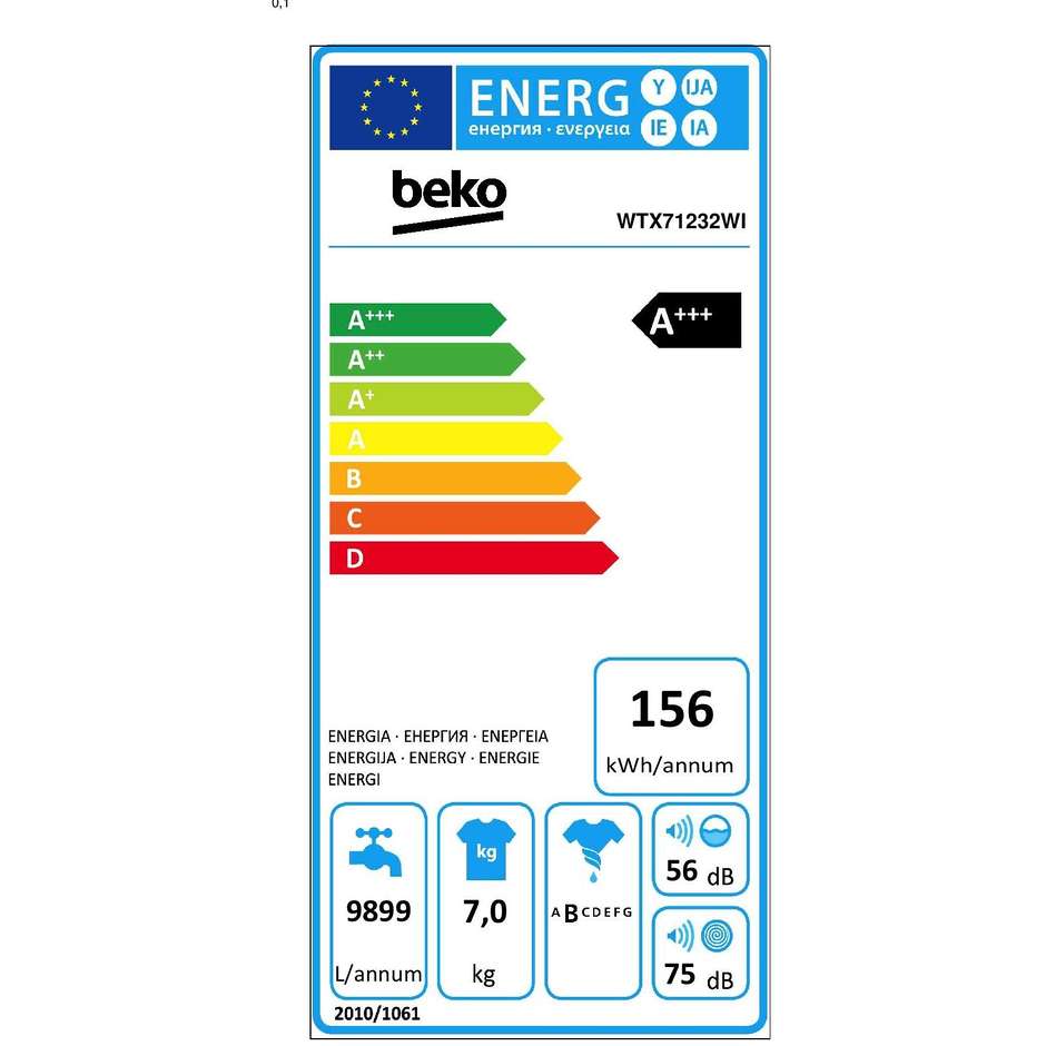 Beko WTX71232WI Lavatrice Carica frontale 7 Kg 1200 Giri/min Classe A+++ Colore Bianco