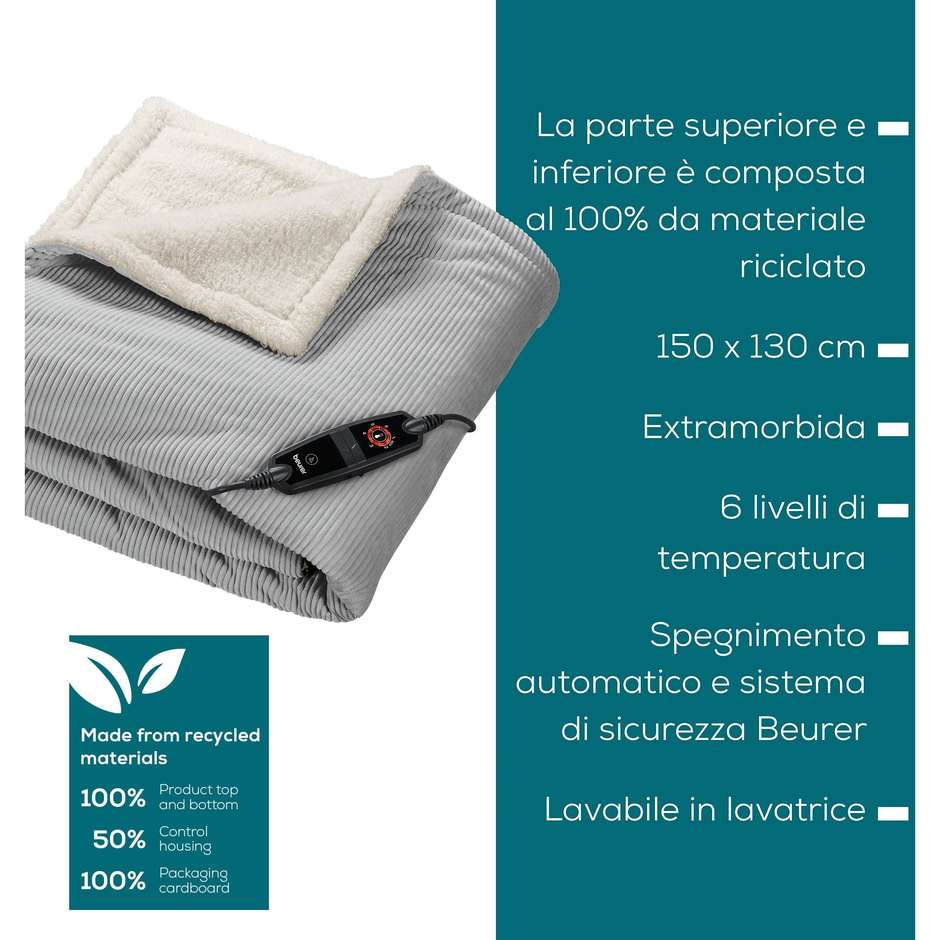 Beurer HD 81 Cord Light Grey GP Termocoperta 180 × 130 cm 6 livelli grigio chiaro