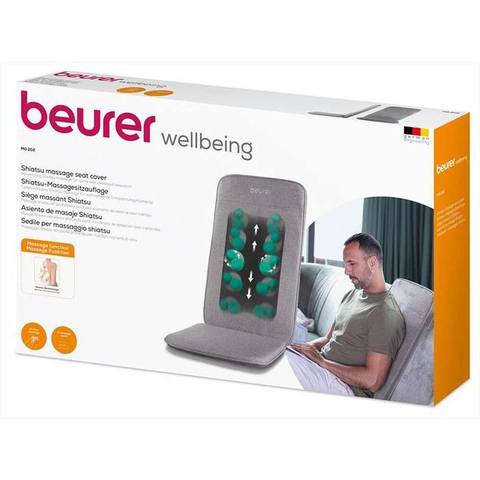 Beurer MG202 - Sedile Massaggiante Shiatsu Extra Sottile, 4 Testine, 2 Livelli di Intensità, Grigio