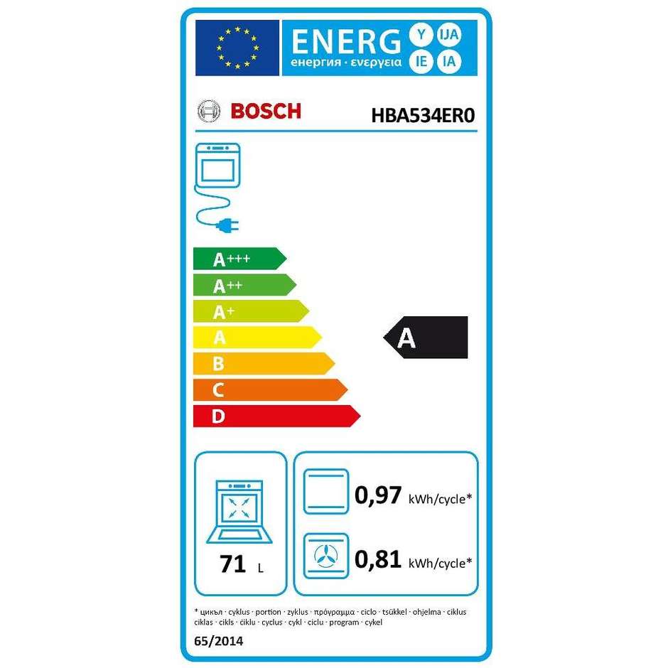 Bosch HBA534ER0 forno elettrico multifunzione da incasso 71 litri classe A colore inox