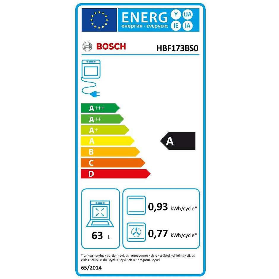 Bosch HBF173BS0 Forno elettrico multifunzione da incasso 63 litri classe A Pirolitico colore inox
