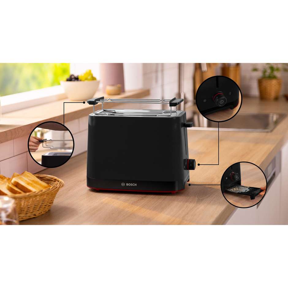 Bosch MyMoment TAT3M123 Tostapane Compatto 2 Fette 950W con Scaldabrioche Integrato Nero Opaco