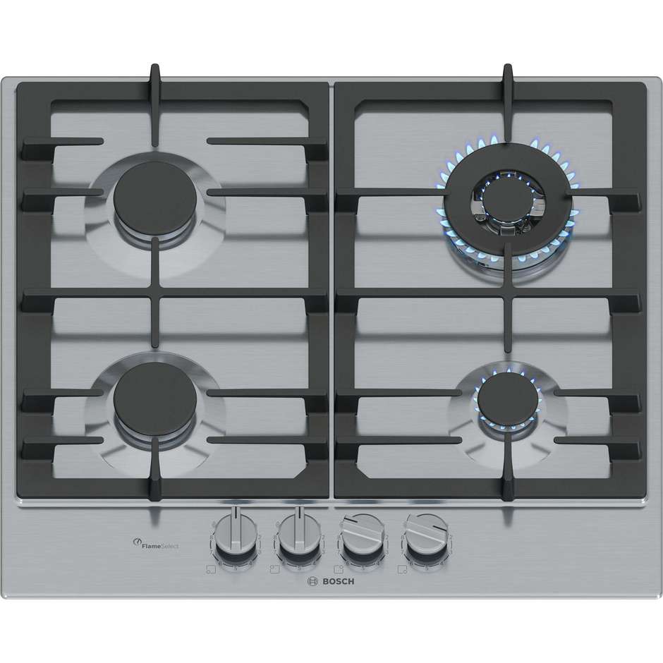 BOSCH PCH6A5I90 Piano Cottura a Gas 60 cm 4 Fuochi Griglie in Ghisa Acciaio Inox