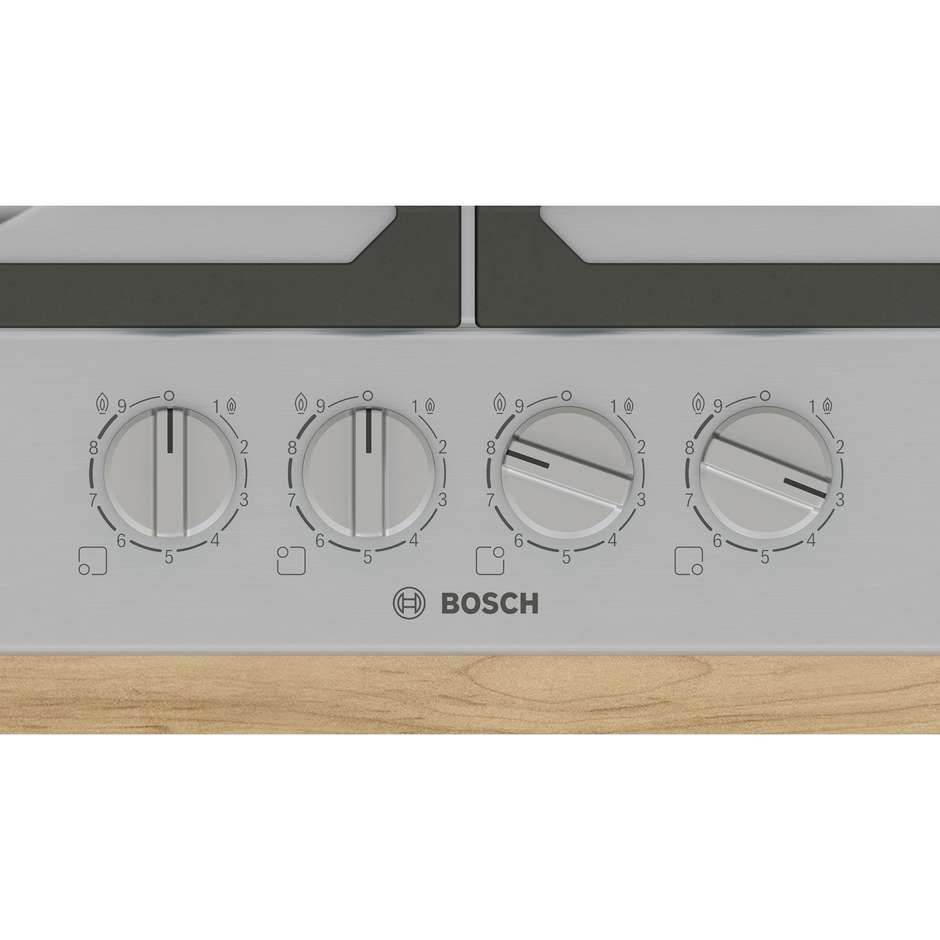 Bosch PCH6A5I90 Serie 6 Piano Cottura a Gas 60 cm con FlameSelect Bruciatore Wok 3500W Inox Griglie Ghisa