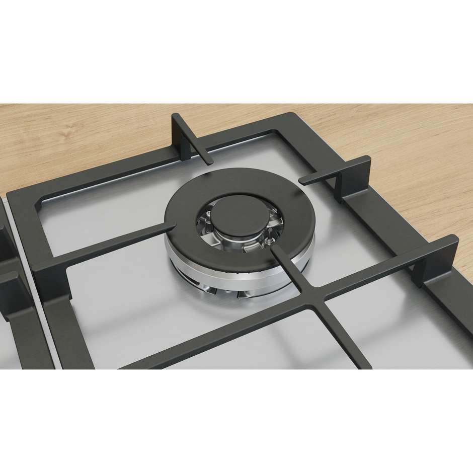 Bosch PCH6A5I90 Serie 6 Piano Cottura a Gas 60 cm con FlameSelect Bruciatore Wok 3500W Inox Griglie Ghisa