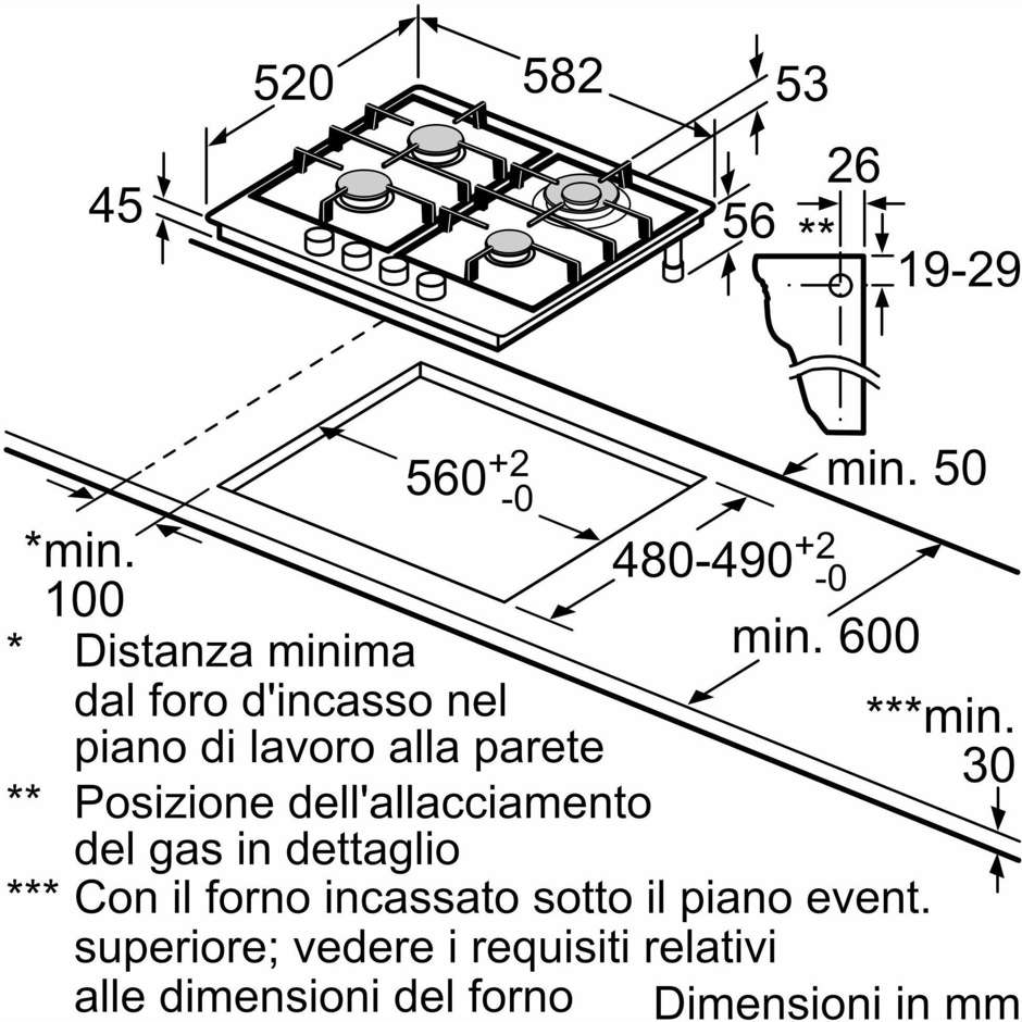 Bosch PCH6A5I90 Serie 6 Piano Cottura a Gas 60 cm con FlameSelect Bruciatore Wok 3500W Inox Griglie Ghisa
