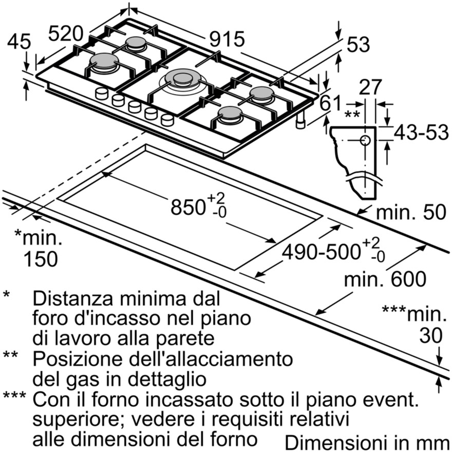 Bosch PCR9A5M90 piano cottura a gas 90 cm 5 fuochi colore inox