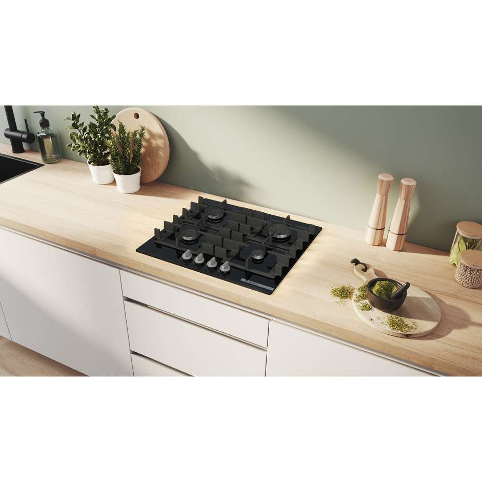 Bosch PNP6B6K40 Serie 4 Piano Cottura a Gas su Cristallo 60 cm 4 Fuochi Vetro Temperato Nero Griglie Ghisa