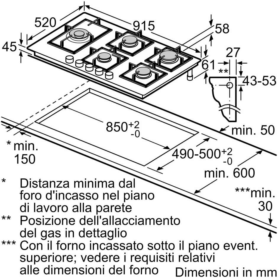 BOSCH PPM9A6I40 Piano Cottura a Gas 90 cm 5 Fuochi Griglie in Ghisa Nero