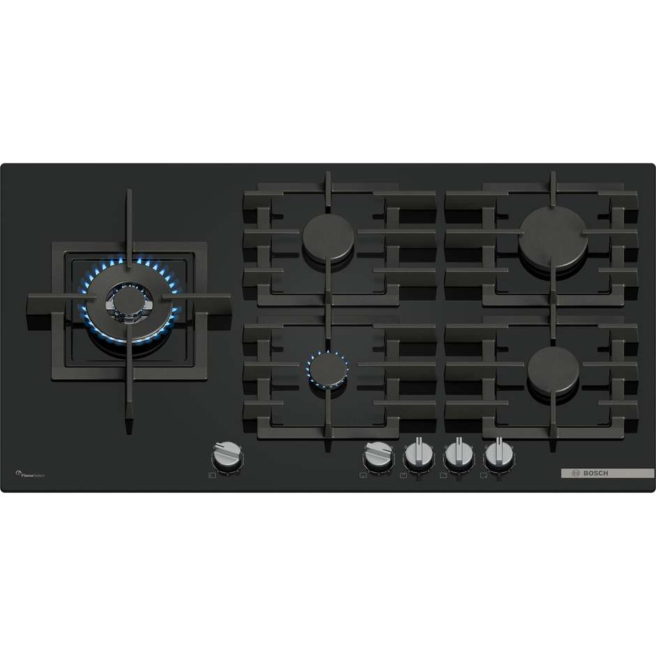 Bosch PPM9A6I40 Serie 8 Piano Cottura a Gas su Cristallo 90 cm con FlameSelect Bruciatore Dual Wok 6000W Vetro Nero Griglie Ghisa