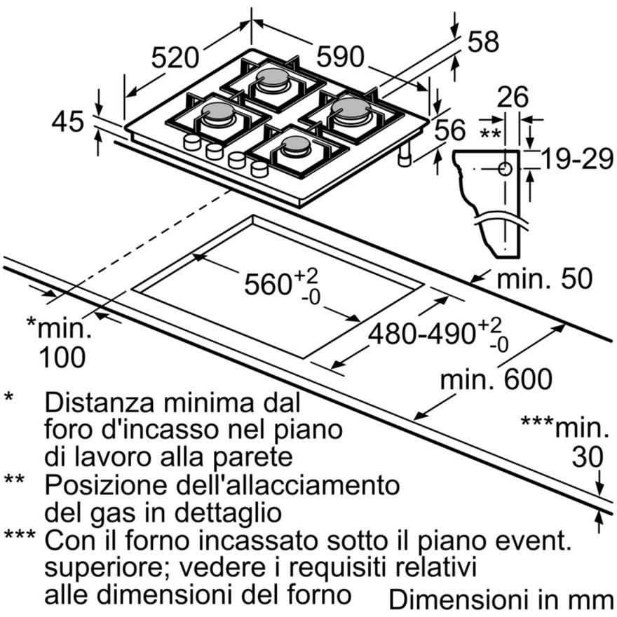 BOSCH POH6B6B10 Piano cottura da incasso, Nero, Gas, Vetro temperato, 4  Fornelli, 60 cm