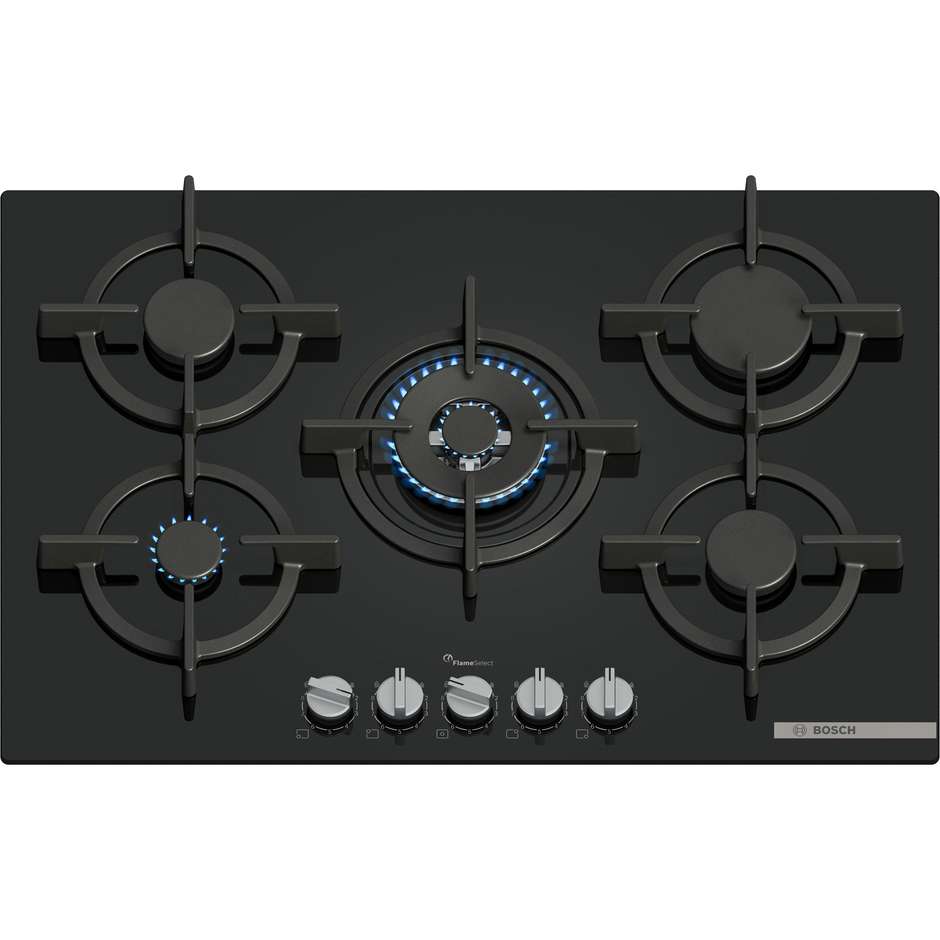 BOSCH PPQ7A6I15 Piano Cottura a Gas 75 cm 5 Fuochi Griglie in Ghisa Nero
