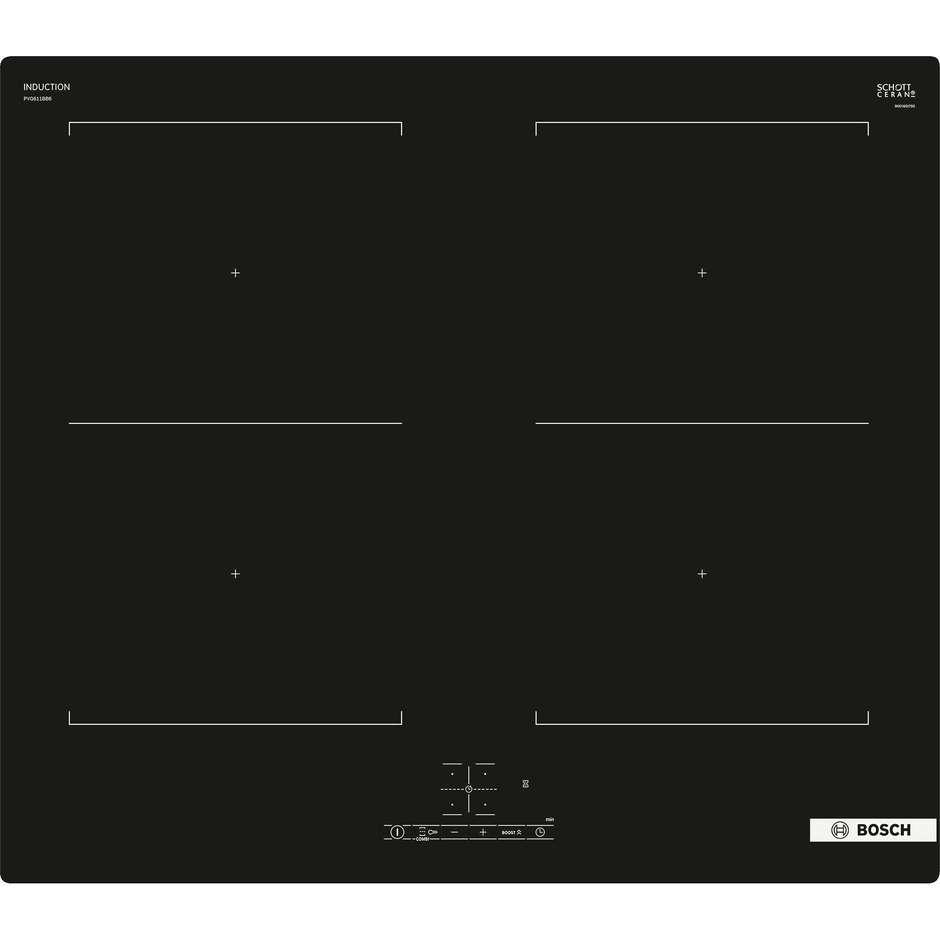 Bosch PVQ611BB6E Serie 6 Piano Cottura a Induzione 60 cm 4 Zone con Doppia CombiZone TouchSelect 7400W Nero
