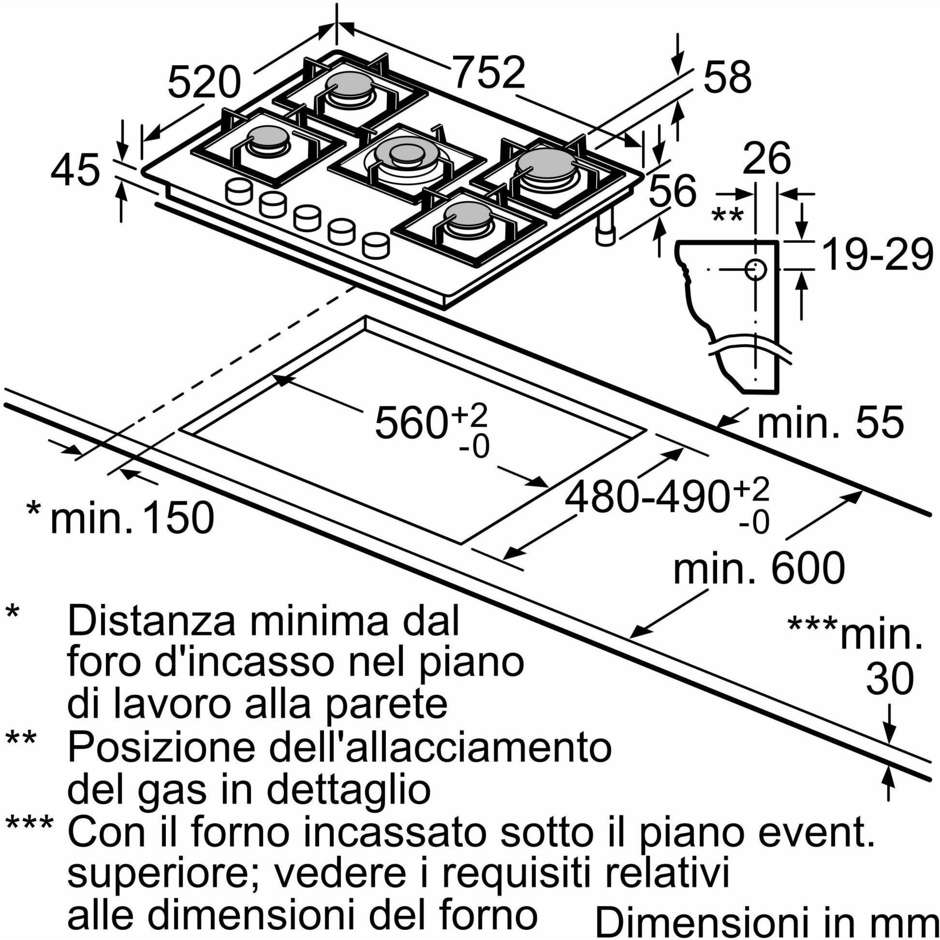Bosch Serie 6 PPQ7A6I15 Piano cottura a gas 75 cm 5 Fuochi Vetro temperato Colore Nero