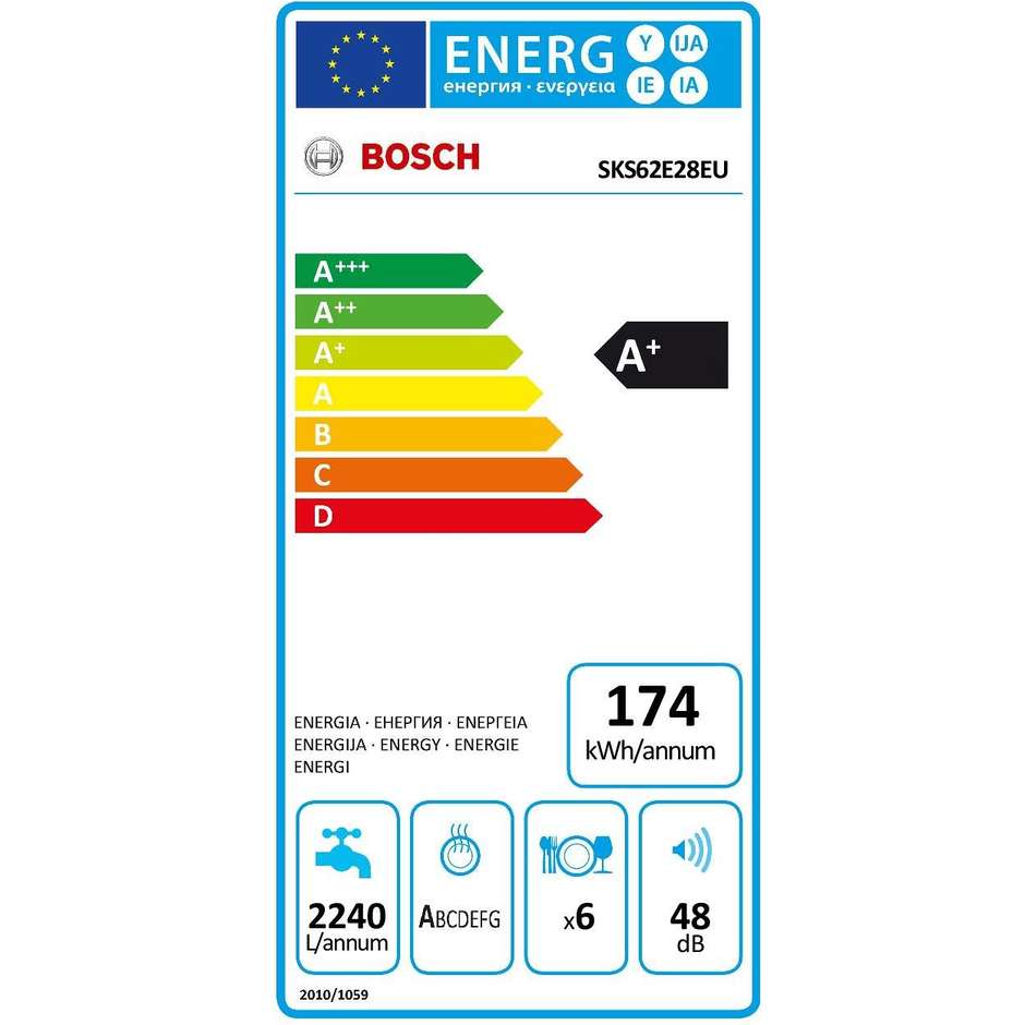 Bosch SKS62E28EU lavastoviglie compatta 6 coperti 6 programmi classe A+ colore inox